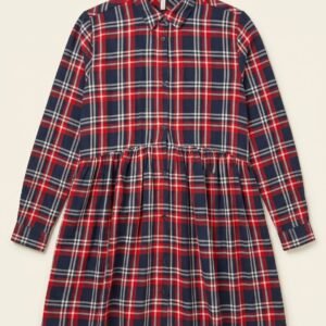 Front view of Pepe Jeans London long-sleeve babydoll shirt dress in navy blue and red tartan plaid