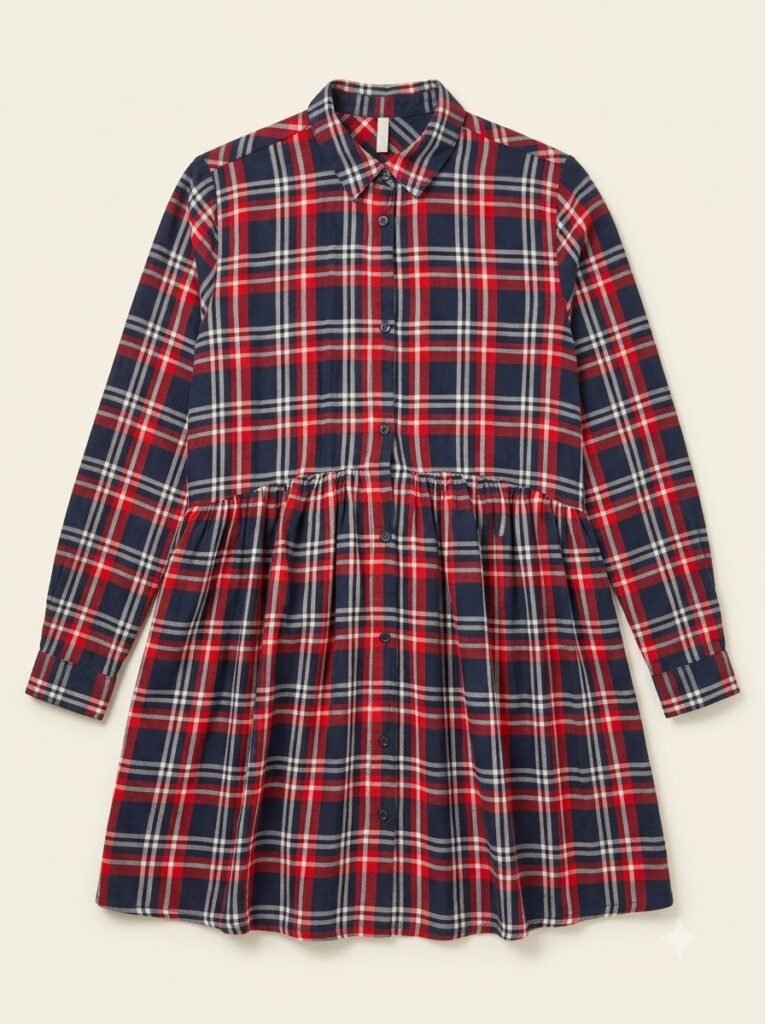 Front view of Pepe Jeans London long-sleeve babydoll shirt dress in navy blue and red tartan plaid