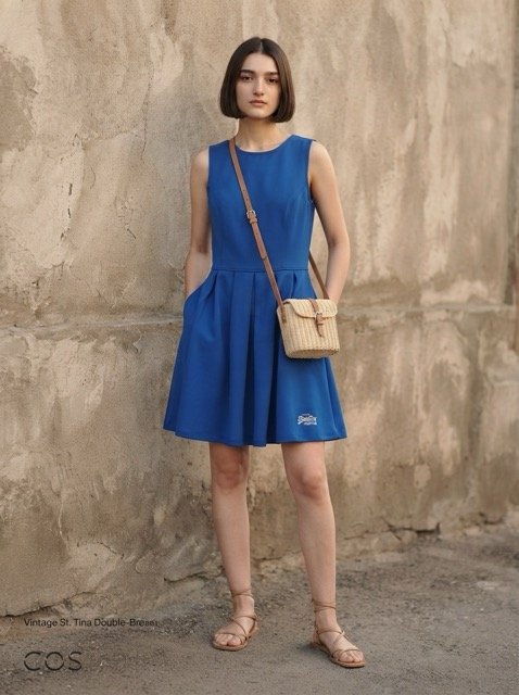 AI styling concept for a Superdry royal blue pleated skater dress, styled casually with sneakers.