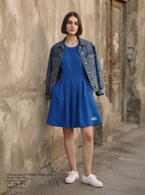 AI styling concept 5 for a Superdry royal blue pleated skater dress with a layered mesh look.