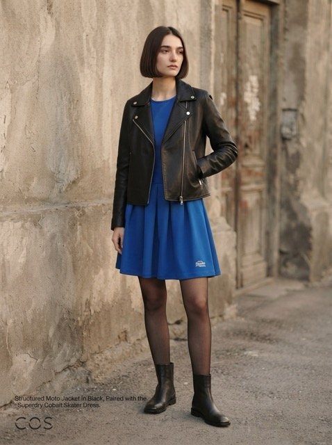 AI styling concept for a Superdry royal blue pleated skater dress with a layered mesh look.